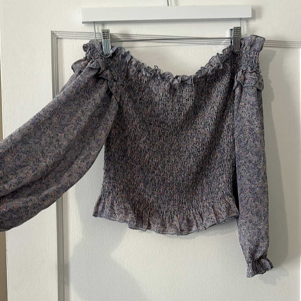 She + Sky Ruffled Floral Smocked Blouse - Blue and Purple